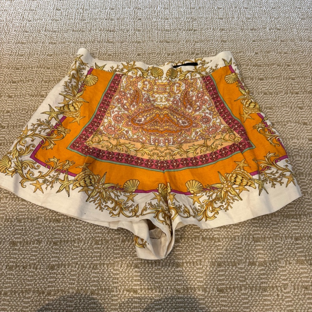 MAJE IOQUILLAGE Orange, Pink, White Scarf Print Linen Shorts | Size 40 - Picture 4 of 7